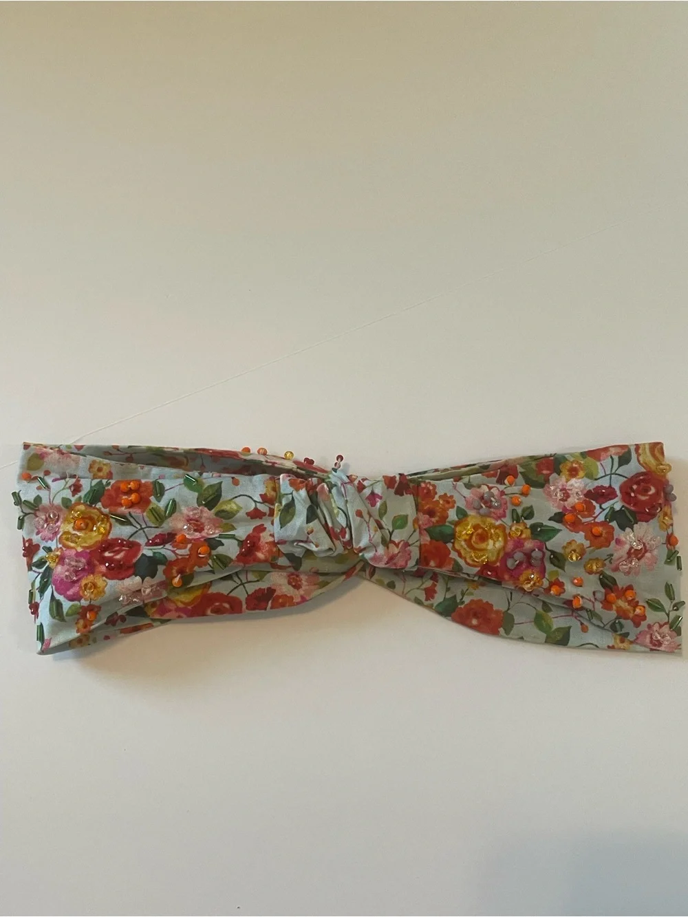 Josefina by Vero Solis Floral Beaded Knotted Headband Turban Blue